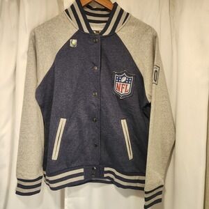 Womens NFL Varsity Jacket Size Large Gray‎ And Blue Snap Closure NFL Logo